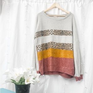 Waffle Knit Striped/Leopard Sweater